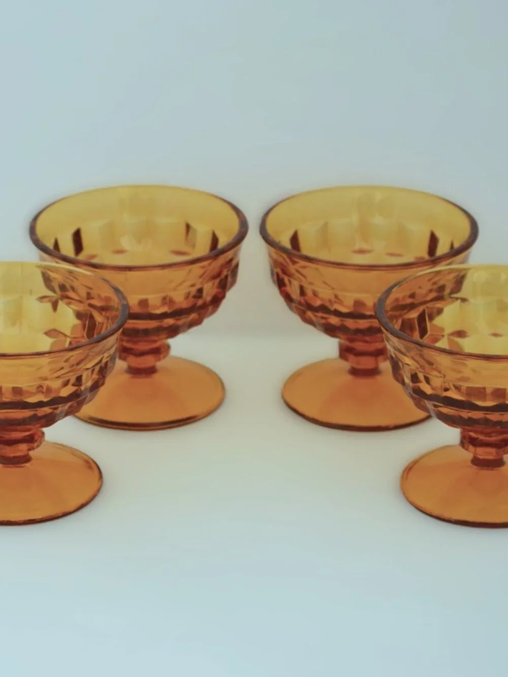 Vintage Whitehall Colony Cubist Amber Glass Pedestal Dessert Bowls